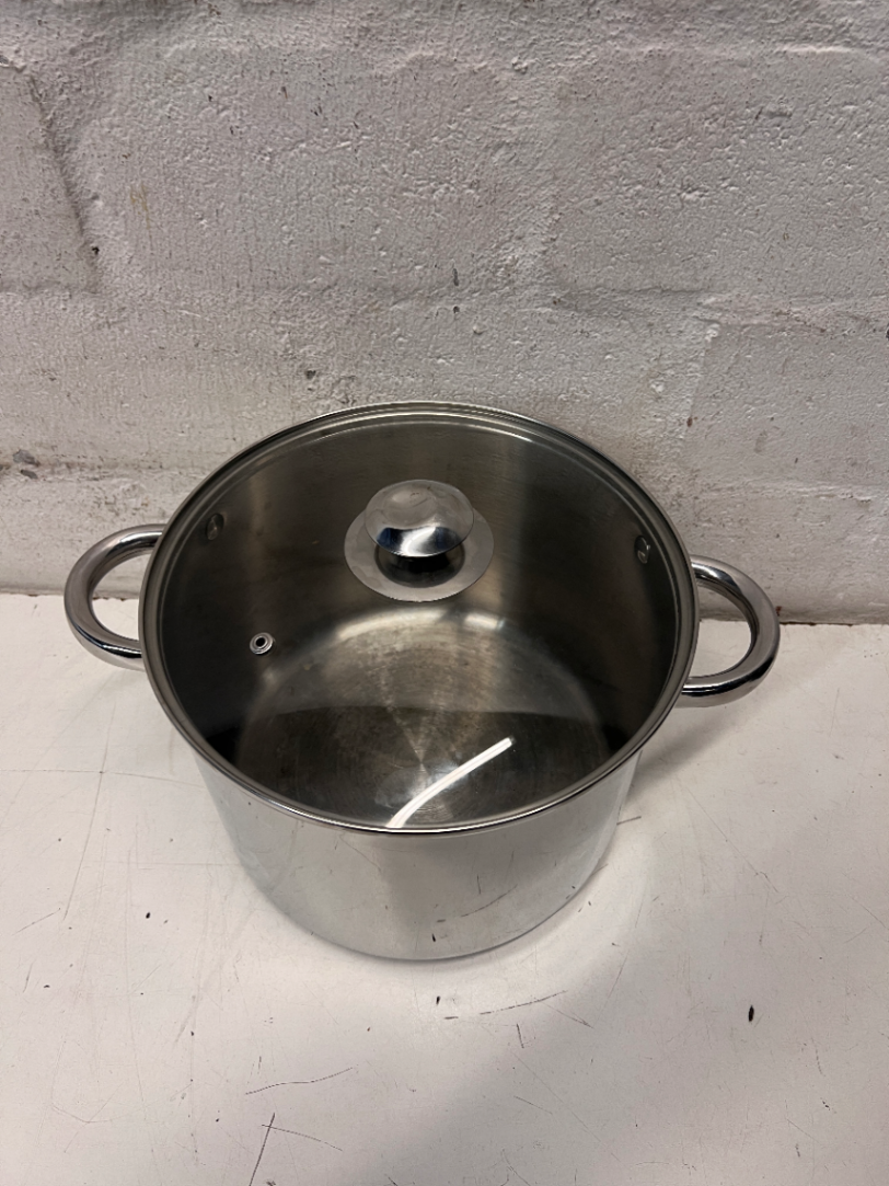 Polished Stainless Steel Pot with Glass Lid — Fair Used Condition with Surface Scratches