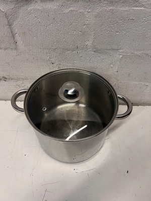 Polished Stainless Steel Pot with Glass Lid — Fair Used Condition with Surface Scratches