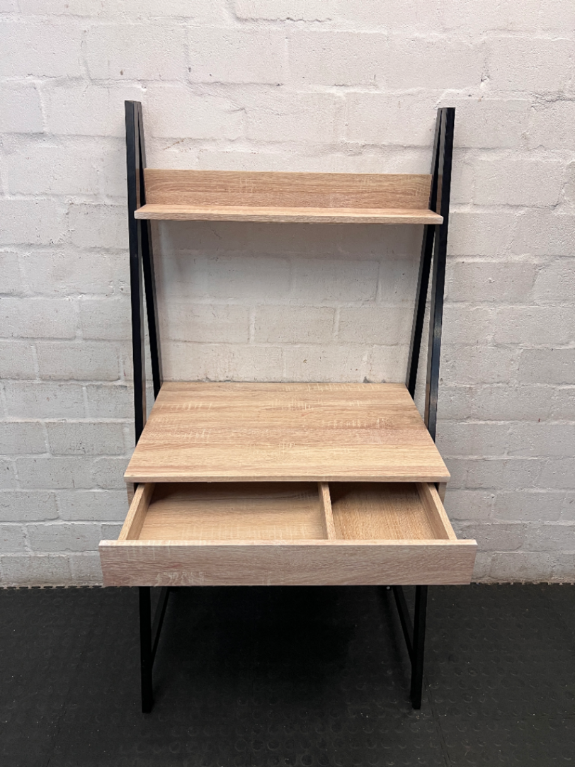 Oak Finish Ladder Desk with Metal Frame and Shelf — Slight Wear on Top Shelf Underside