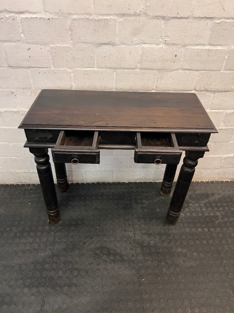 Dark Wood 2-Drawer Console Table with Turned Legs — Good Condition