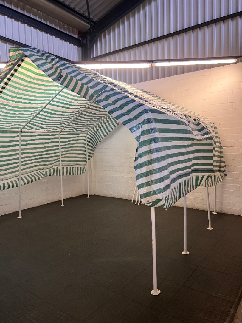 Striped Green and White Portable Canopy Carport — Fair General Condition
