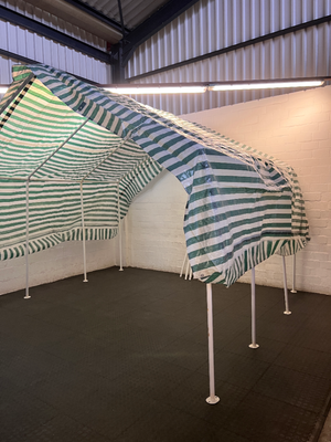 Striped Green and White Portable Canopy Carport — Fair General Condition