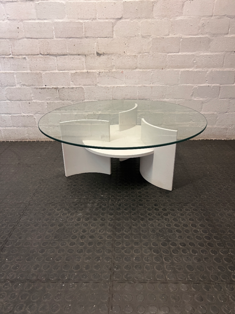 Round Glass Coffee Table with Designer White Base — Well Used Condition