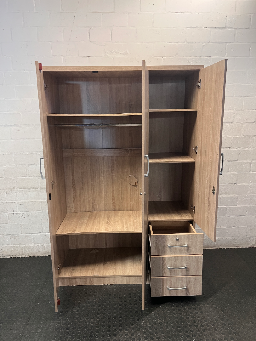 Light Brown 3-Door Wardrobe with 3 Drawers — No back board