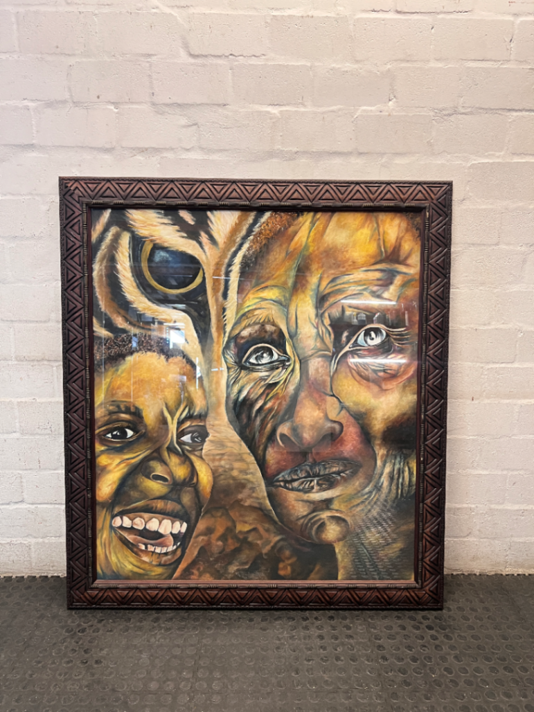 Large Carved Wooden Framed Portrait Artwork — Used; Fair Condition