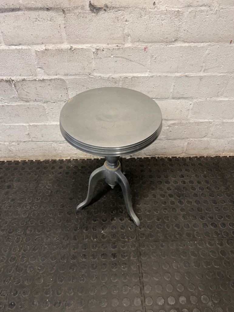 Silver Pedestal Side Table with Triple Leg Base — Well Used with Visible Wear