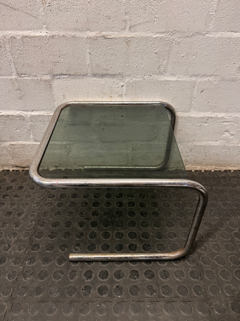 Cantilever Metal Side Table with Tinted Glass Top