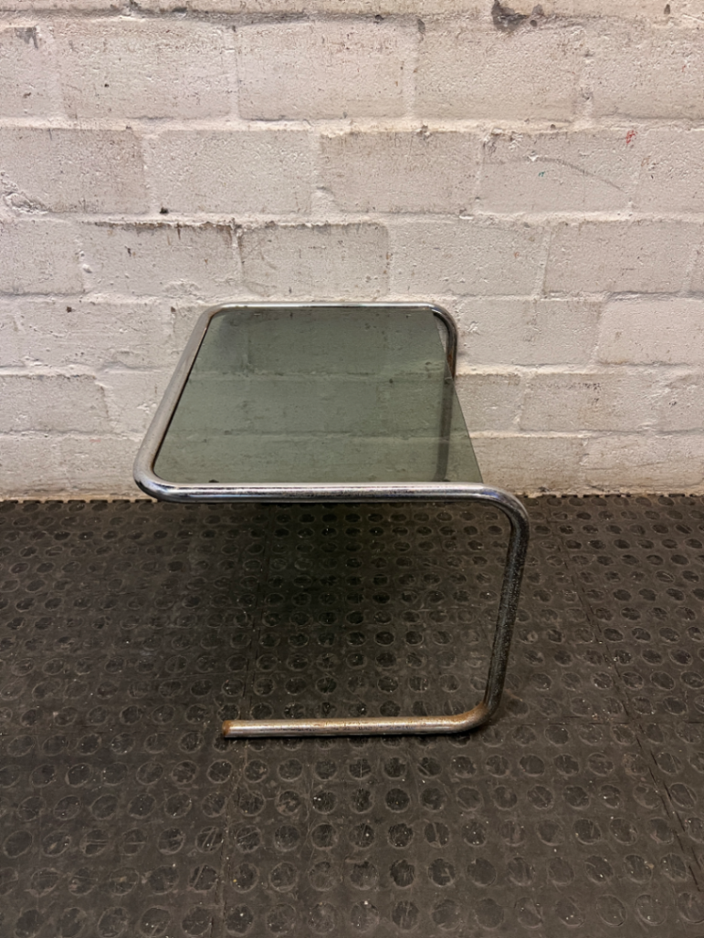 Glass Top Cantilever Side Table with Silver Frame — Well Used with Visible Wear