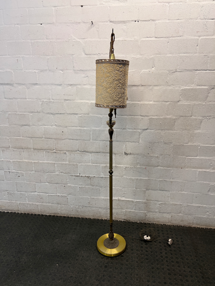 Vintage Double Arch Gold Floor Lamp with Patterned Shades — Well Used Condition