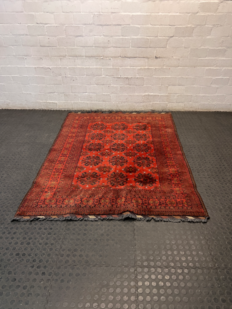 Intricate Red Persian Style Fringed Rug — Fair-Used Condition