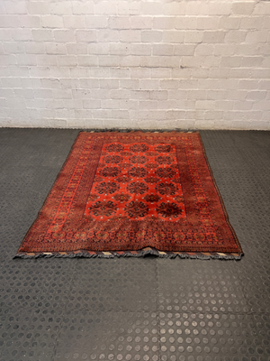 Intricate Red Persian Style Fringed Rug — Fair-Used Condition