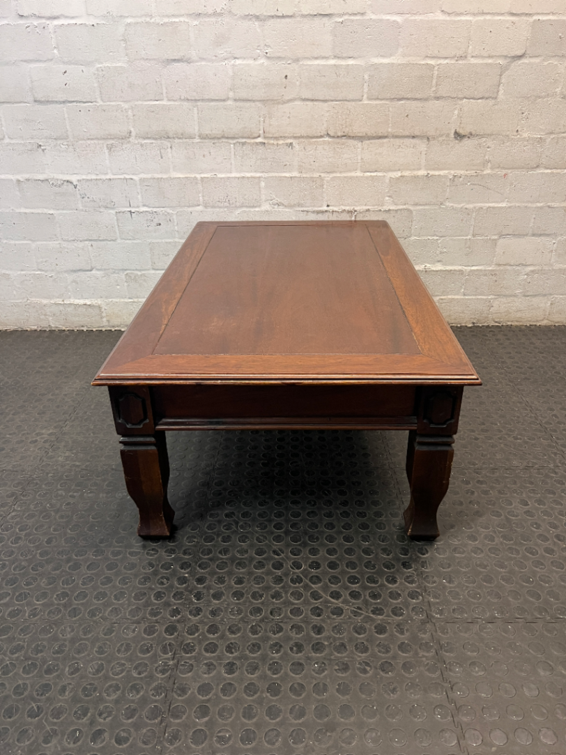 Classic Rectangular Wooden Coffee Table with Carved Legs — Fair Used Condition with Surface Wear