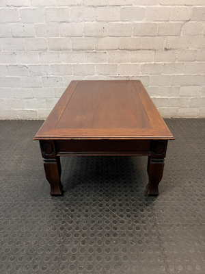 Classic Rectangular Wooden Coffee Table with Carved Legs — Fair Used Condition with Surface Wear