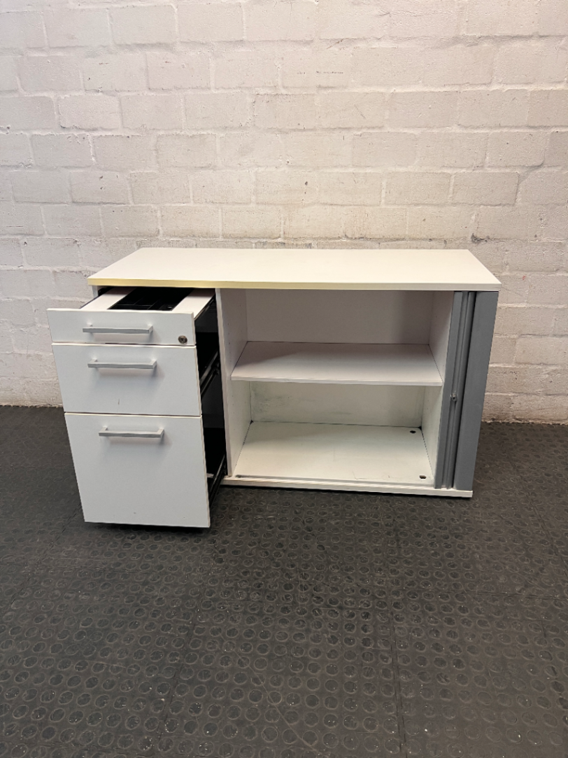White and Silver Office Credenza with Roller Door — Good Working Order
