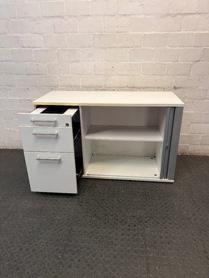 White and Silver Office Credenza with Roller Door — Good Working Order