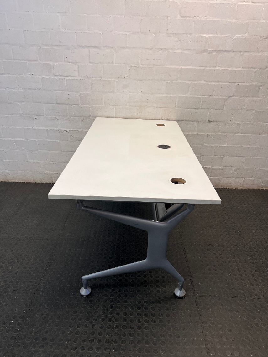 Modern White Office Desk with Grey Metal Base — Good Working Order