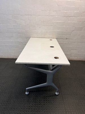 Modern White Office Desk with Grey Metal Base — Good Working Order