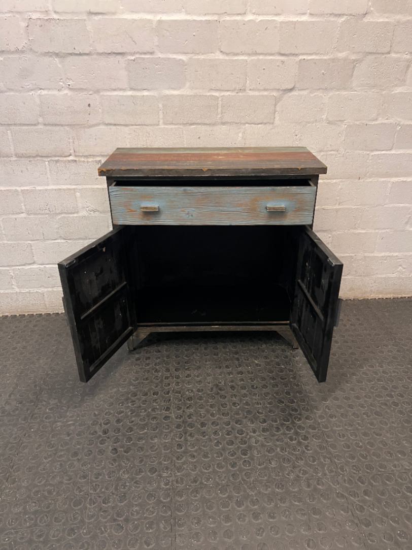 Rustic Multi-Coloured Wooden Sideboard Cabinet — Worn Vintage Finish with Visible Chips