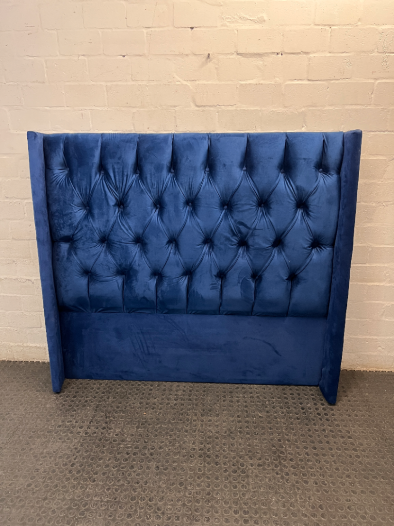 Navy Blue Velvet-Style Wingback Headboard by Makro — Good Working Order