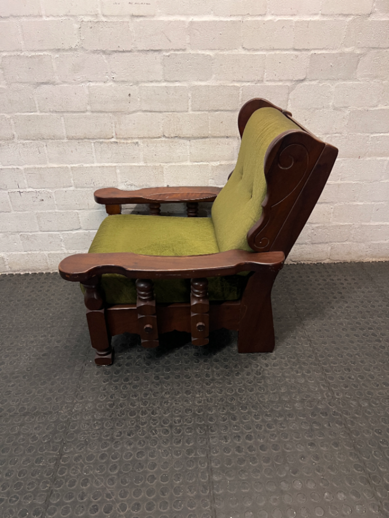 Vintage Wooden Armchair with Olive Green Upholstery