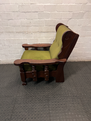 Vintage Wooden Armchair with Olive Green Upholstery