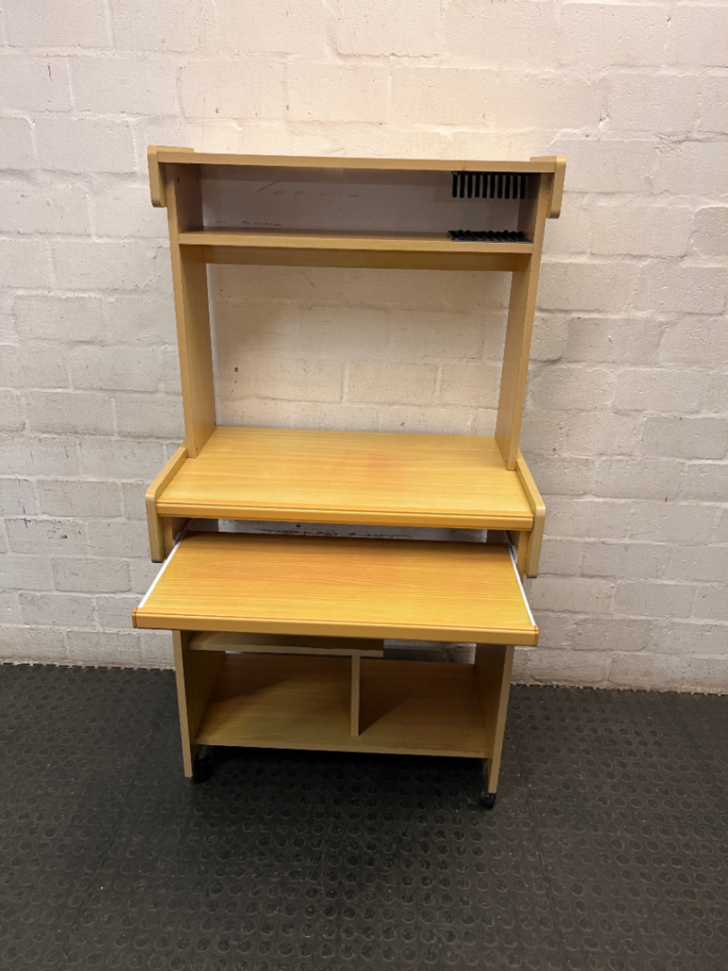 Light Oak Wood Computer Desk with Pull-Out Tray and Hutch — Minor Wear