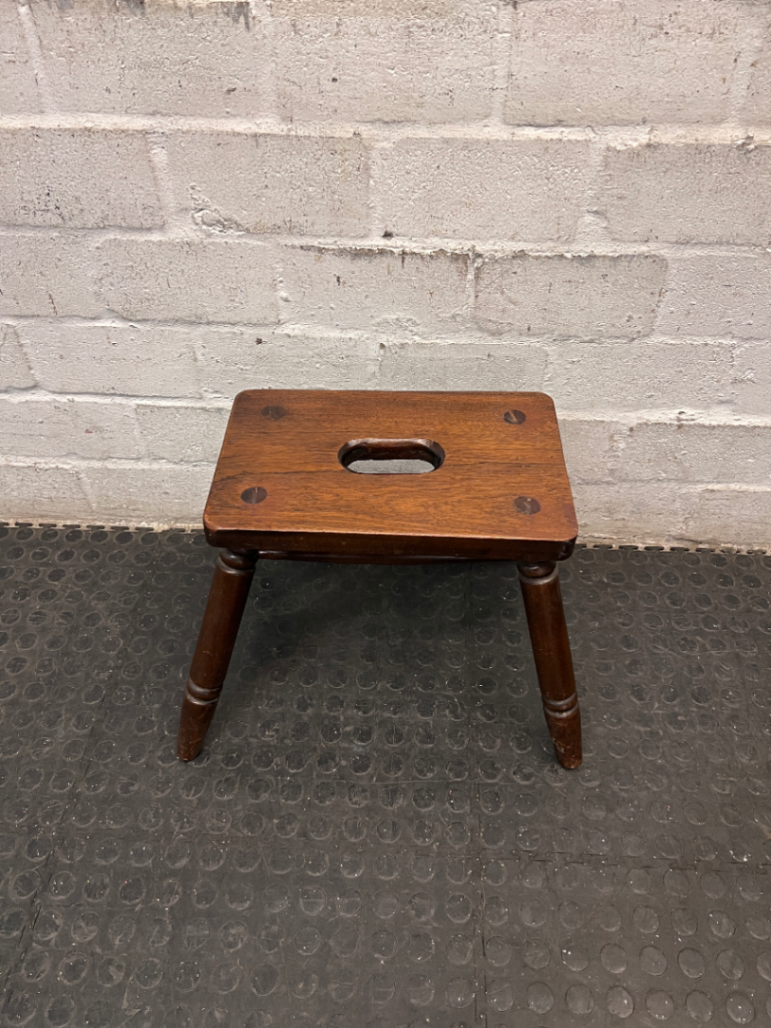 Dark Wood Low Stool with Carry Handle — Minor Surface Wear and Leg Scuffing