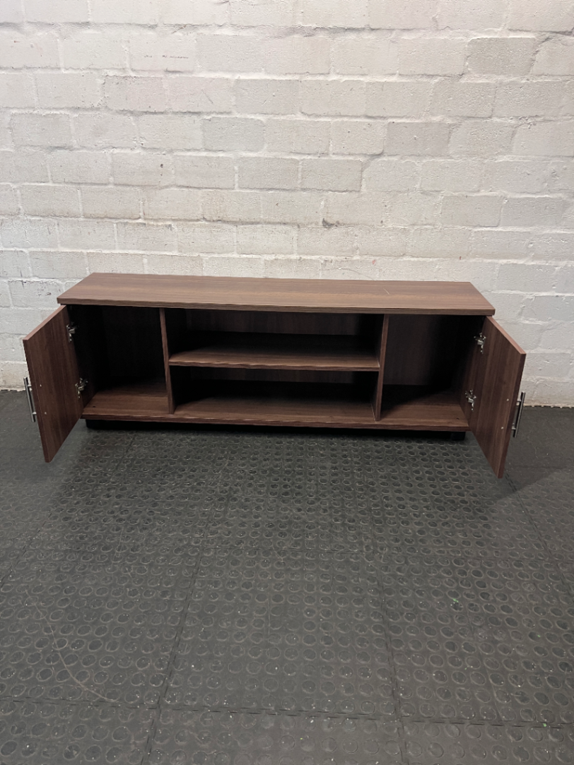 Dark Wood-Look TV Unit with Two Side Cupboards — Fair Condition with Visible Wear