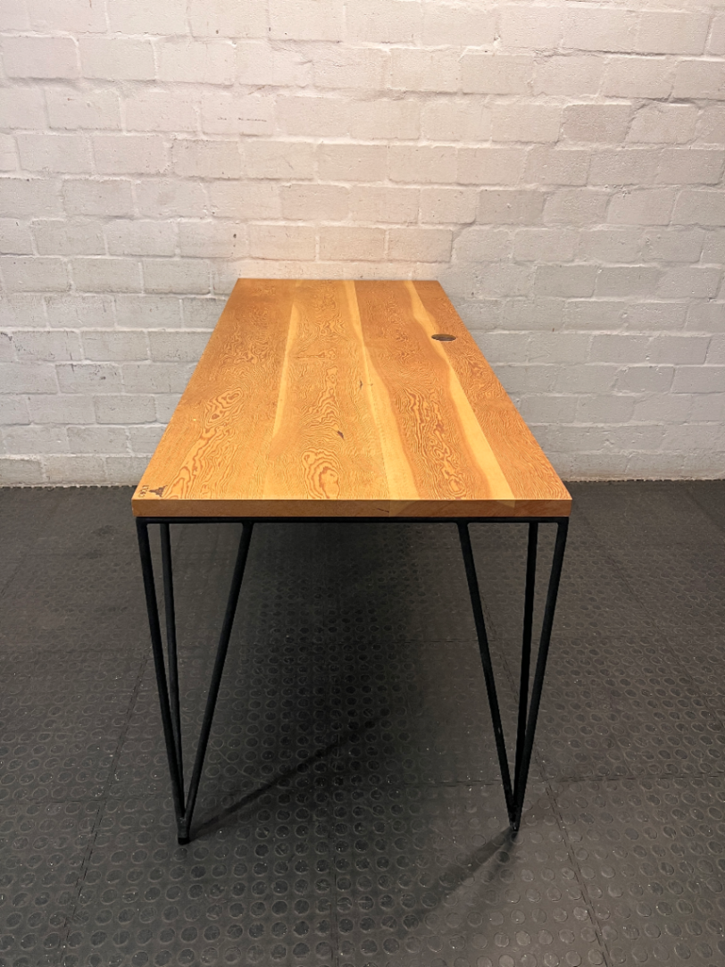 Rustic Wooden Office Desk with Black Hairpin Legs — Used; Fair Condition