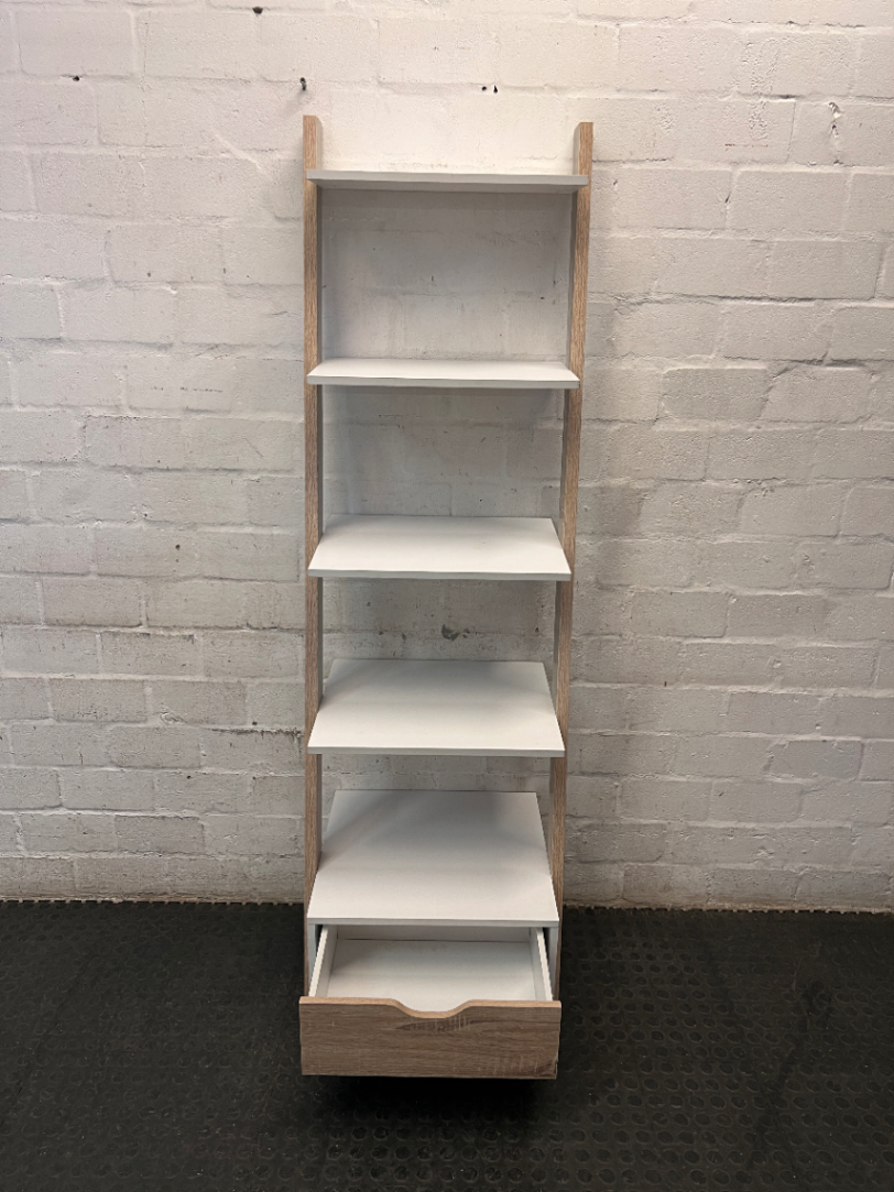 White and Light Wood Ladder Bookshelf with Drawer — General Wear and Maintenance