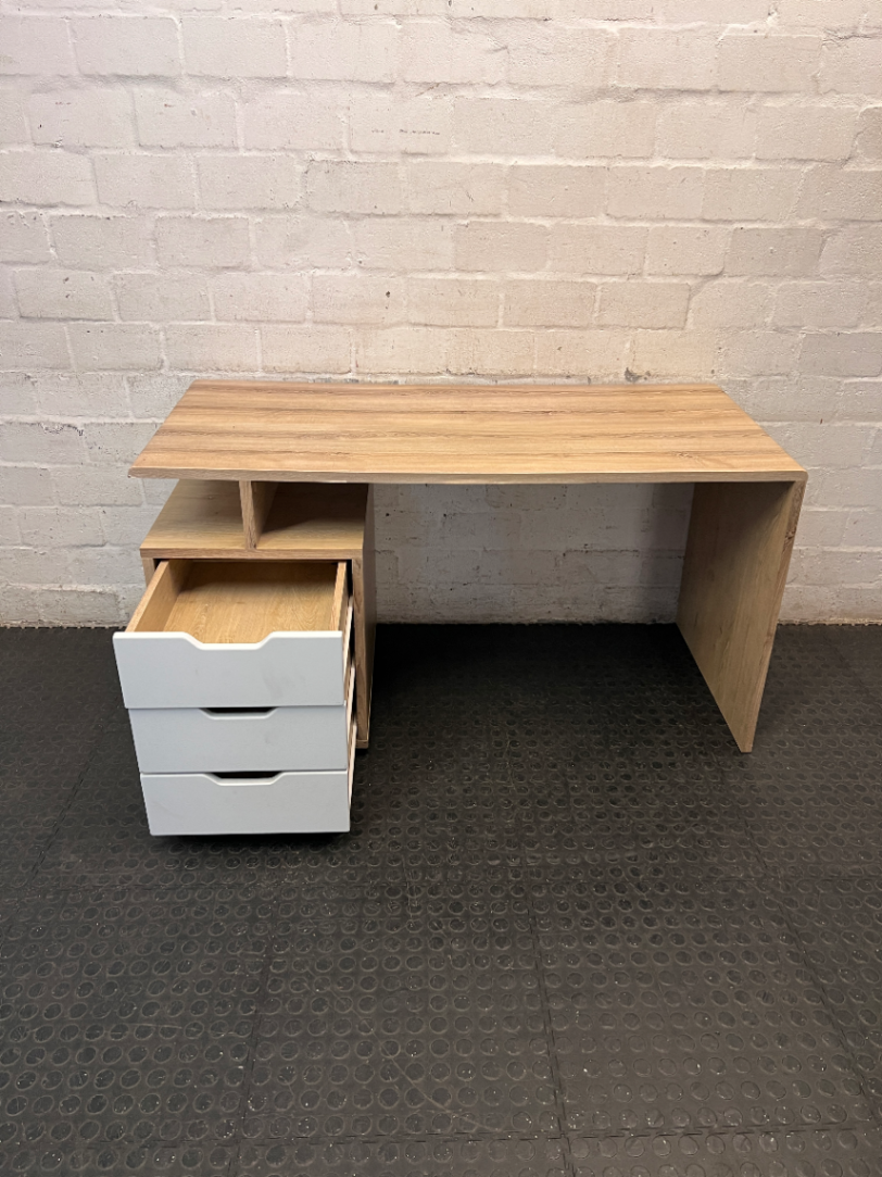 Modern Oak and White Office Desk with Drawers — Used; Fair Condition