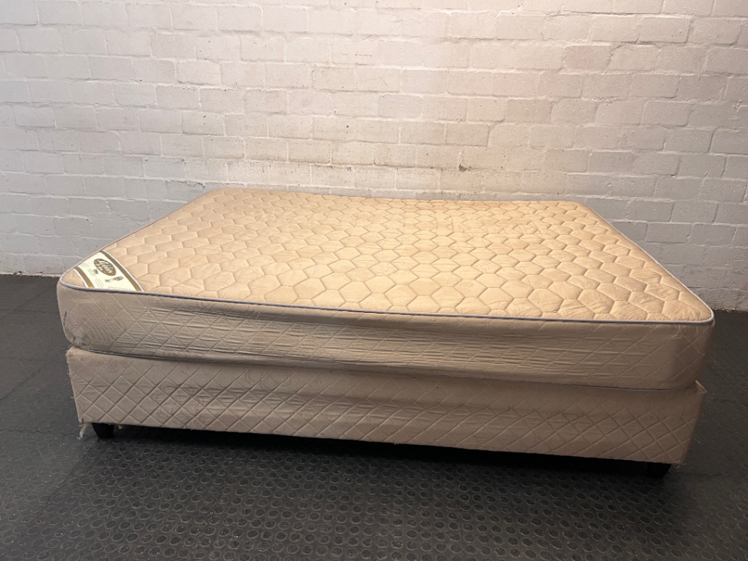 Extra Length Queen Mattress and Base Set in Beige — Fair Condition with Visible Wear