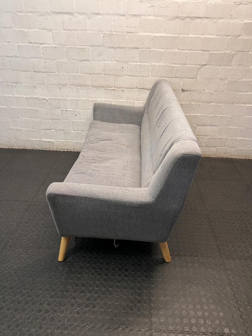Grey Cotton 3 Seater Couch with Tapered Wood Legs — Spring Out; Functional Fair Condition