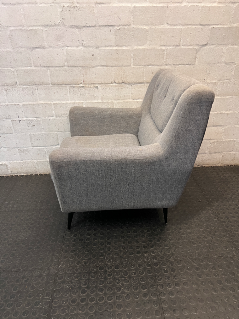 Grey Cotton Upholstered 1 Seater Couch — Missing One Leg and Damaged Support