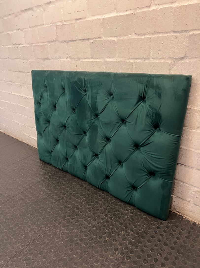 Button-Tufted Green Fabric Double Headboard — Damaged Structure and Broken Legs