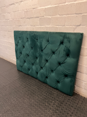Button-Tufted Green Fabric Double Headboard — Damaged Structure and Broken Legs