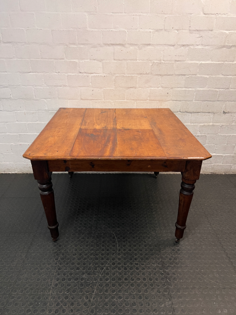 Vintage Wooden Dining Table with Turned Legs — Well Used with Significant Surface Wear