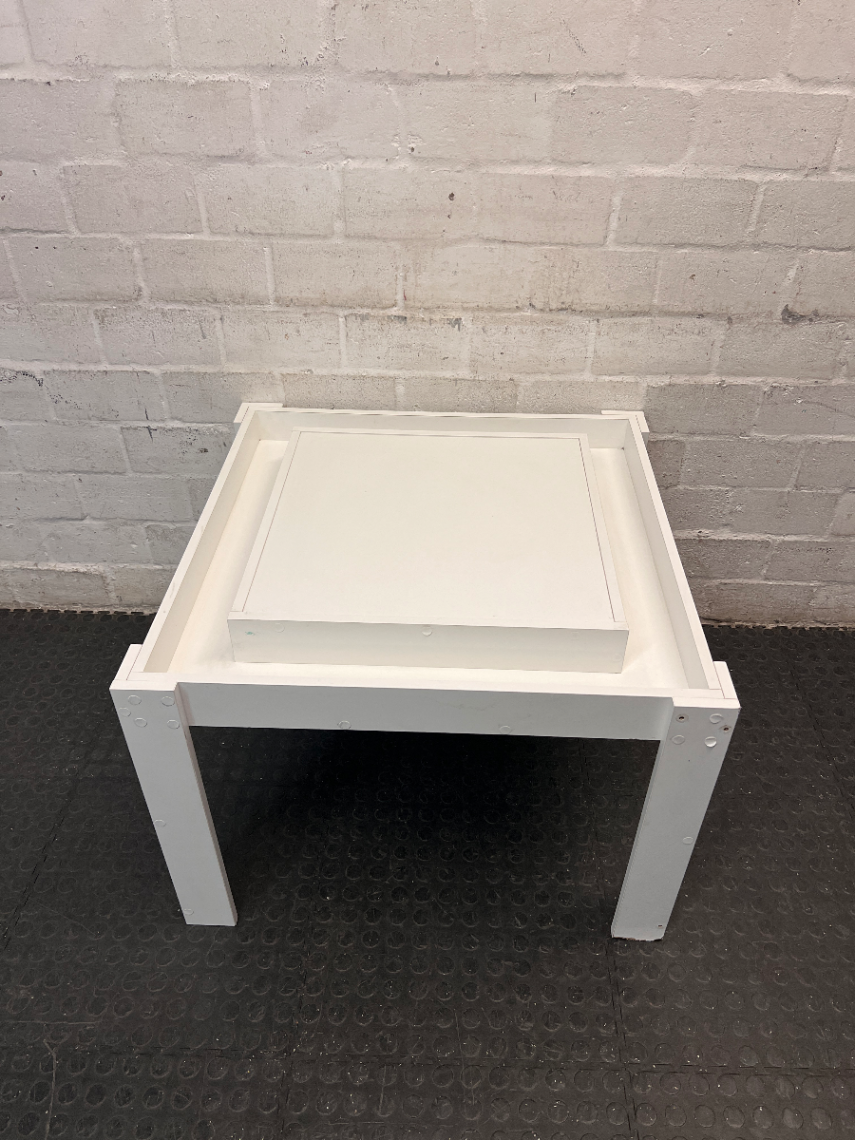 White Painted Wooden Kids Activity Table — Missing Screw Covers with Exposed Nail Heads