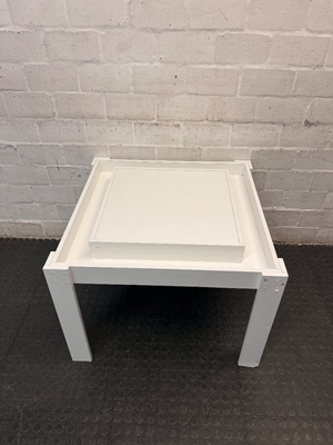 White Painted Wooden Kids Activity Table — Missing Screw Covers with Exposed Nail Heads