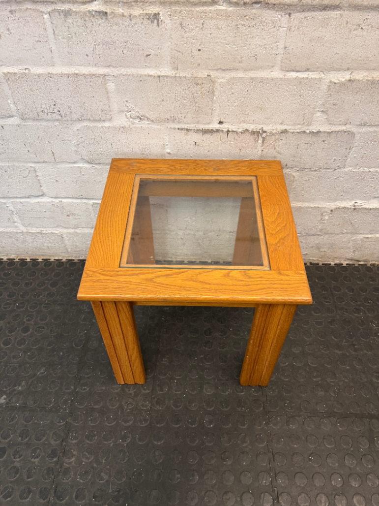 Oak-Toned Side Table with Inset Glass Top — Very Good Condition