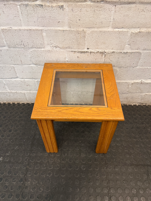 Oak-Toned Side Table with Inset Glass Top — Very Good Condition