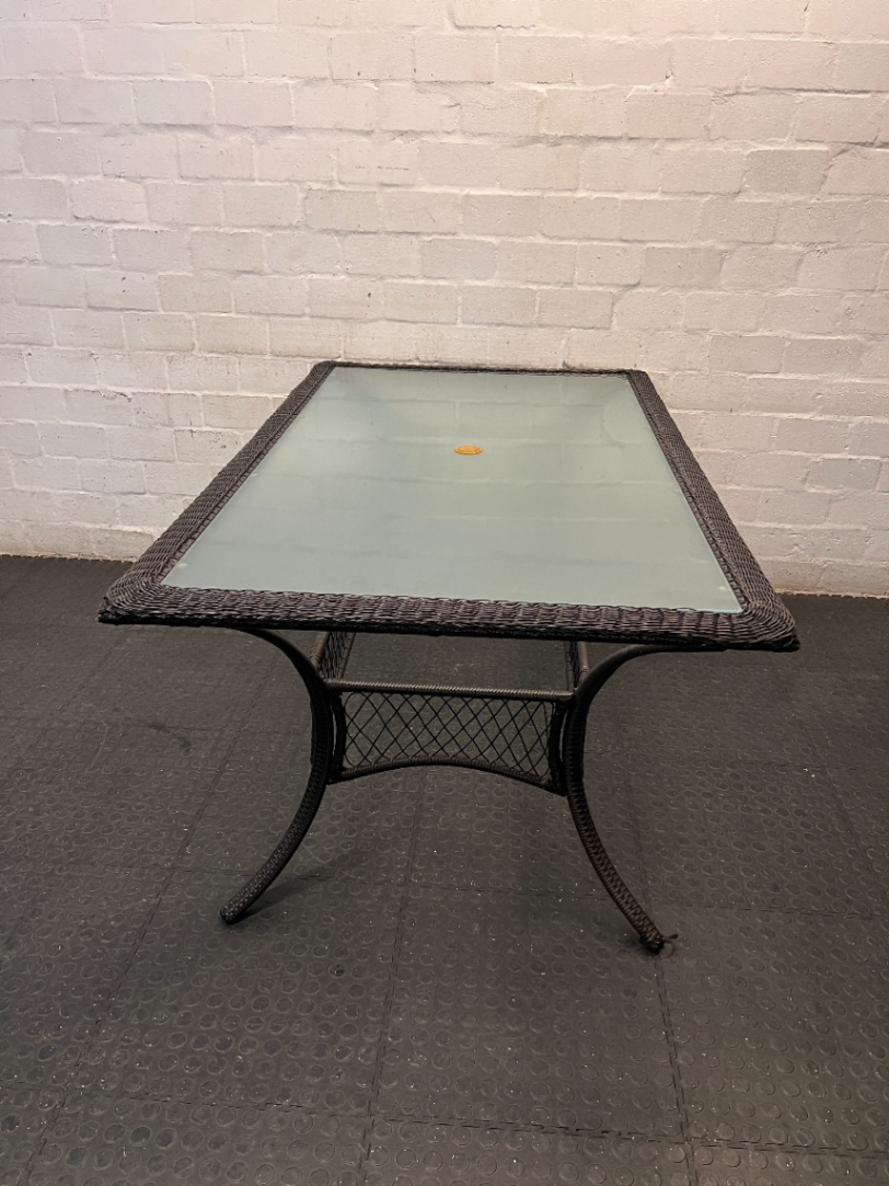Wicker and Glass Rectangular Dining Table — Very Good Condition