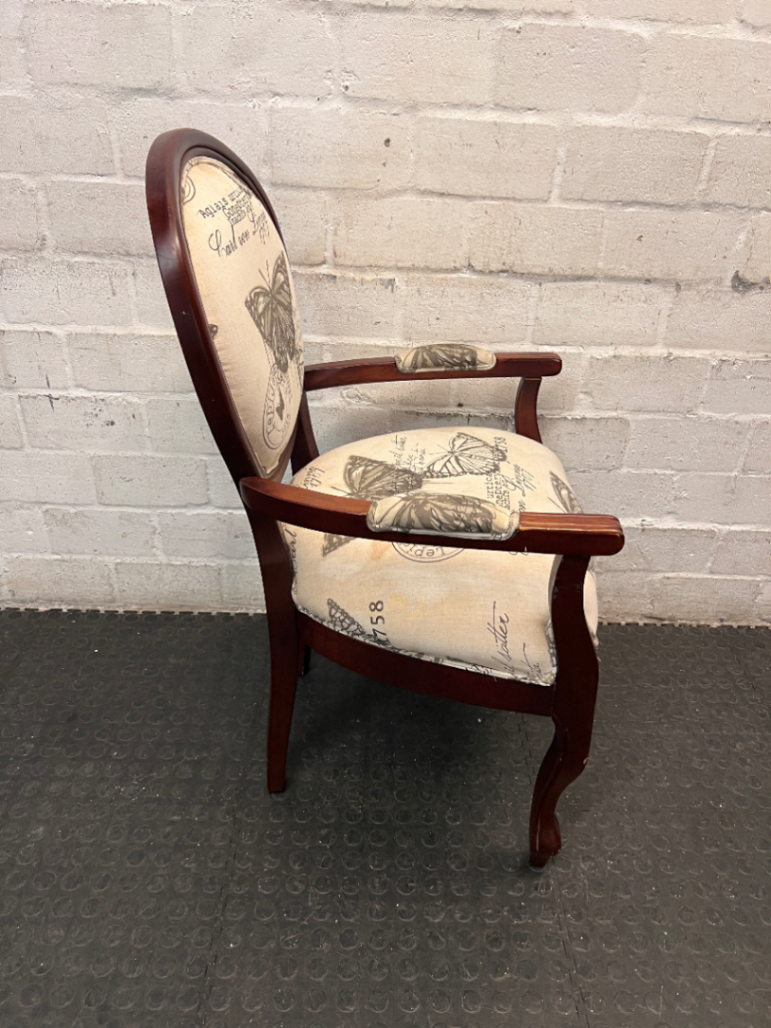 Vintage Style Butterfly Print Upholstered Armchair — Structural Damage and Wear