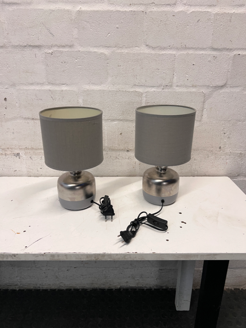 Modern Metallic Table Lamp with Grey Fabric Shade — Good Working Order