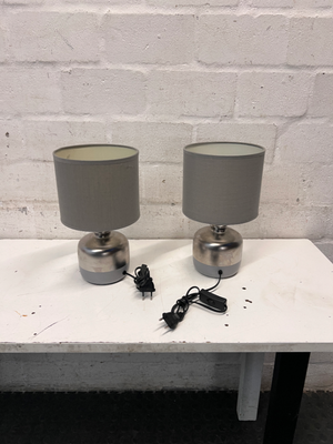Modern Metallic Table Lamp with Grey Fabric Shade — Good Working Order