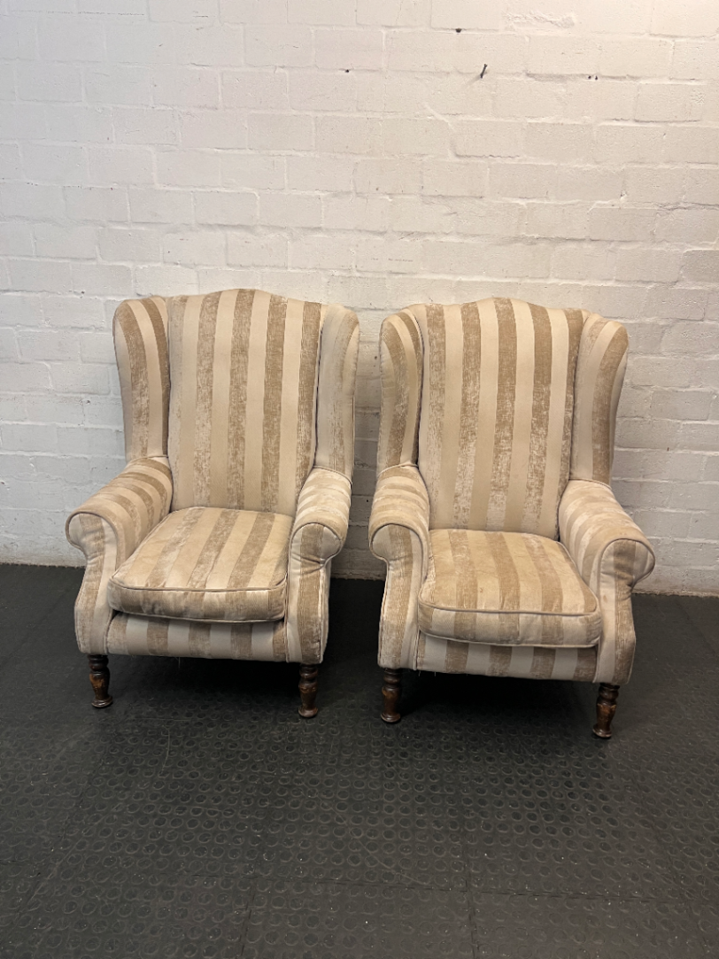 Striped Fabric Beige Wingback Chair — Good Condition
