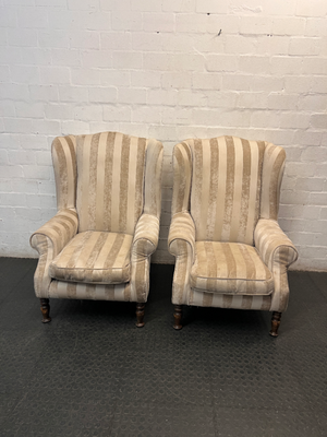 Striped Fabric Beige Wingback Chair — Good Condition