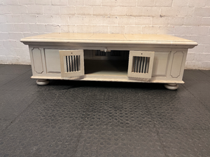 Cream Panelled Wood Coffee Table with Bun Feet — Visible Wear and Paint Chipping