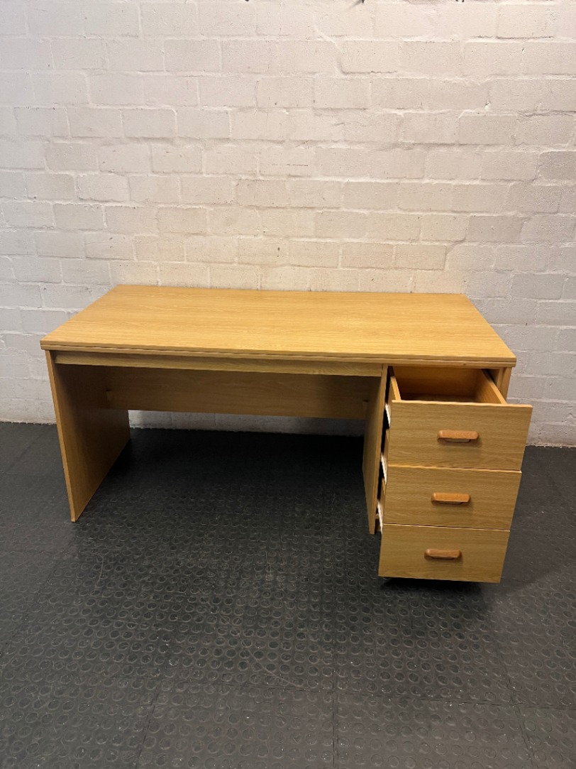 Light Oak Finish Office Desk with 3 Drawers — Good Used Condition