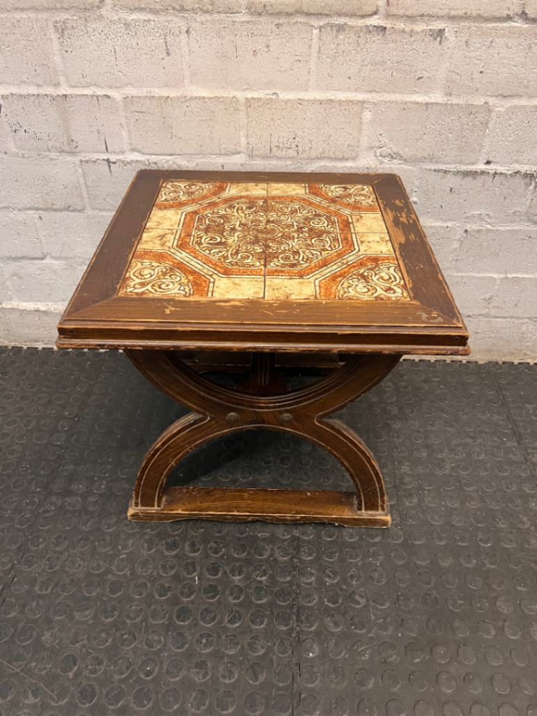 Vintage-Style Tiled Top Wooden Side Table — Significant Surface Wear and Scuffing